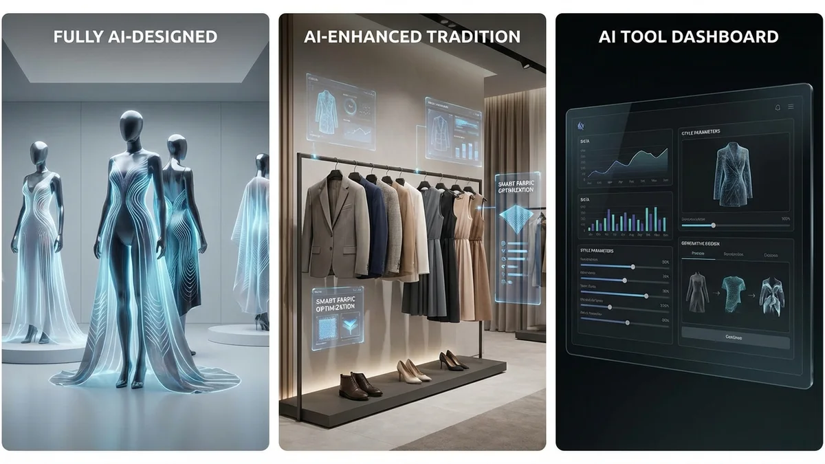 AI clothing brand concept showing digital fashion design on screen with clothing samples