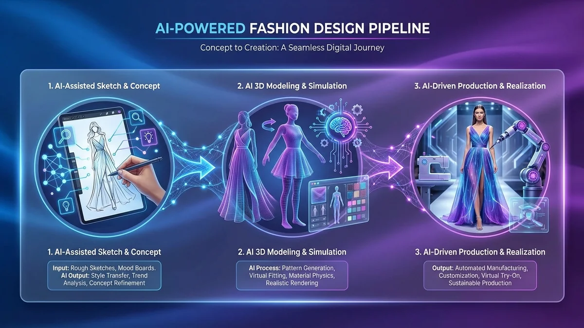 Step-by-step process of how AI creates clothing designs from concept to final product