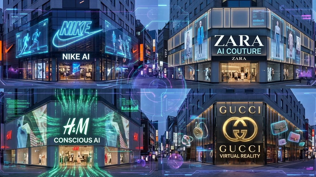 Major fashion brand logos with AI technology overlay showing digital innovation