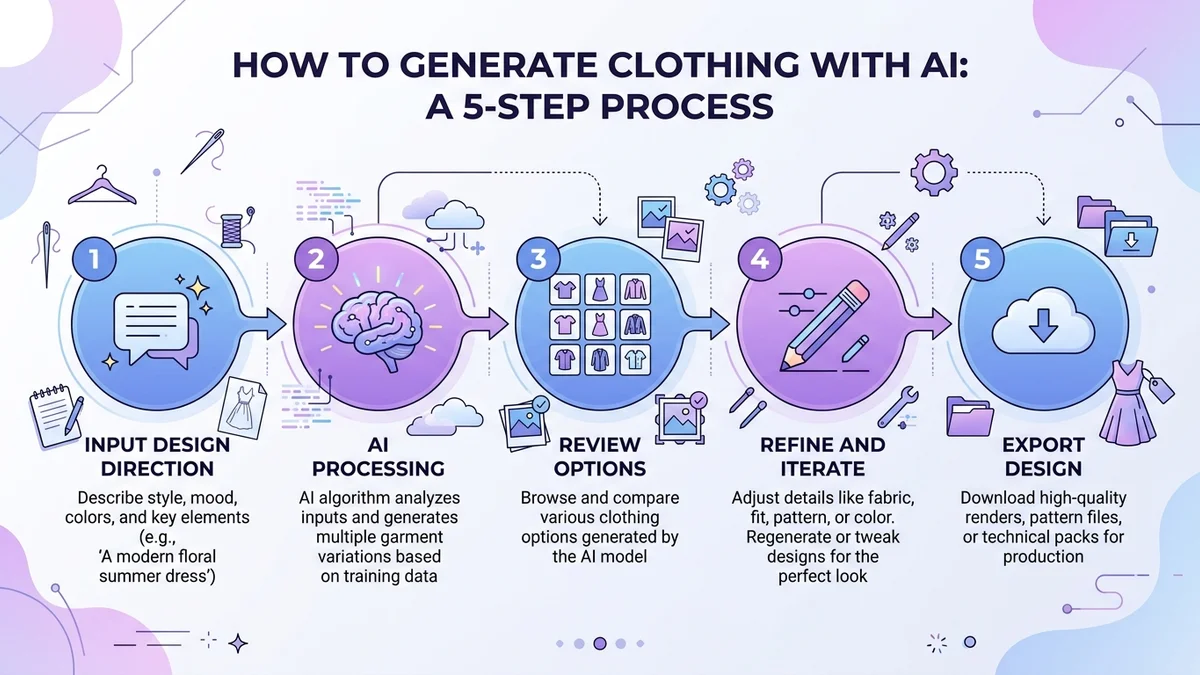 AI generated clothing workflow infographic showing 5 steps from prompt to export