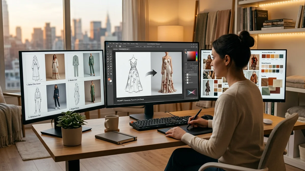 Digital fashion design workspace showing AI generated clothing concepts on multiple screens
