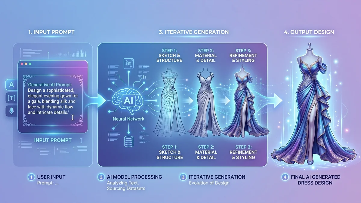 Step-by-step process of AI generating a dress design from text prompt to final output