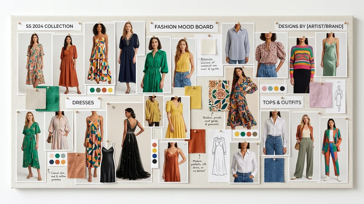 Collection of AI generated clothing designs showing dresses, shirts, and outfits in various styles