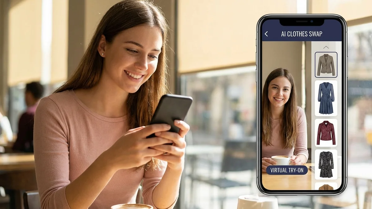 Person using AI clothes swap app on smartphone to virtually try on different outfits