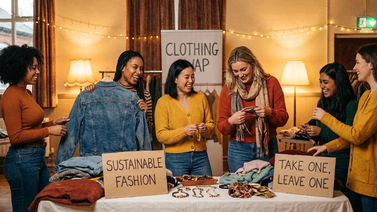 Friends enjoying a clothing swap party, exchanging garments and trying on new finds