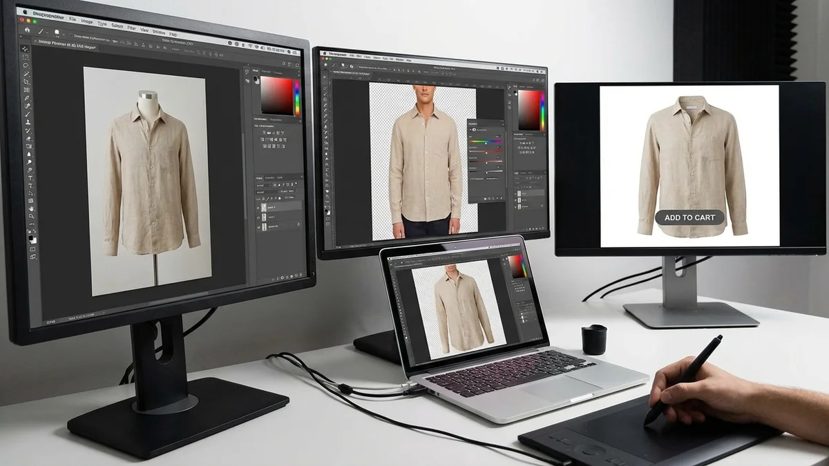 Step-by-step clothing photo editing workflow demonstration