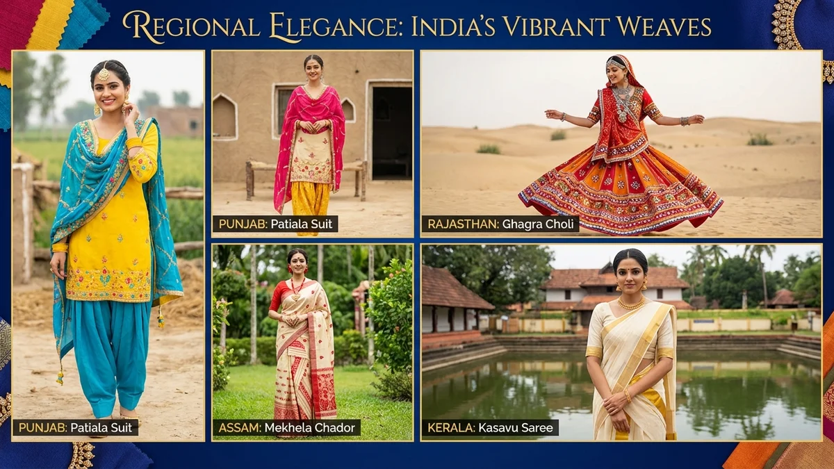 Variety of Indian women's traditional dresses from different regions