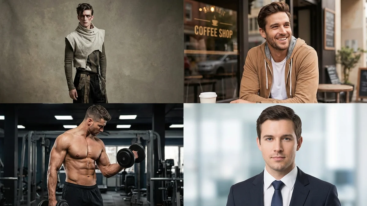 Collection of different male model photography styles from editorial to commercial