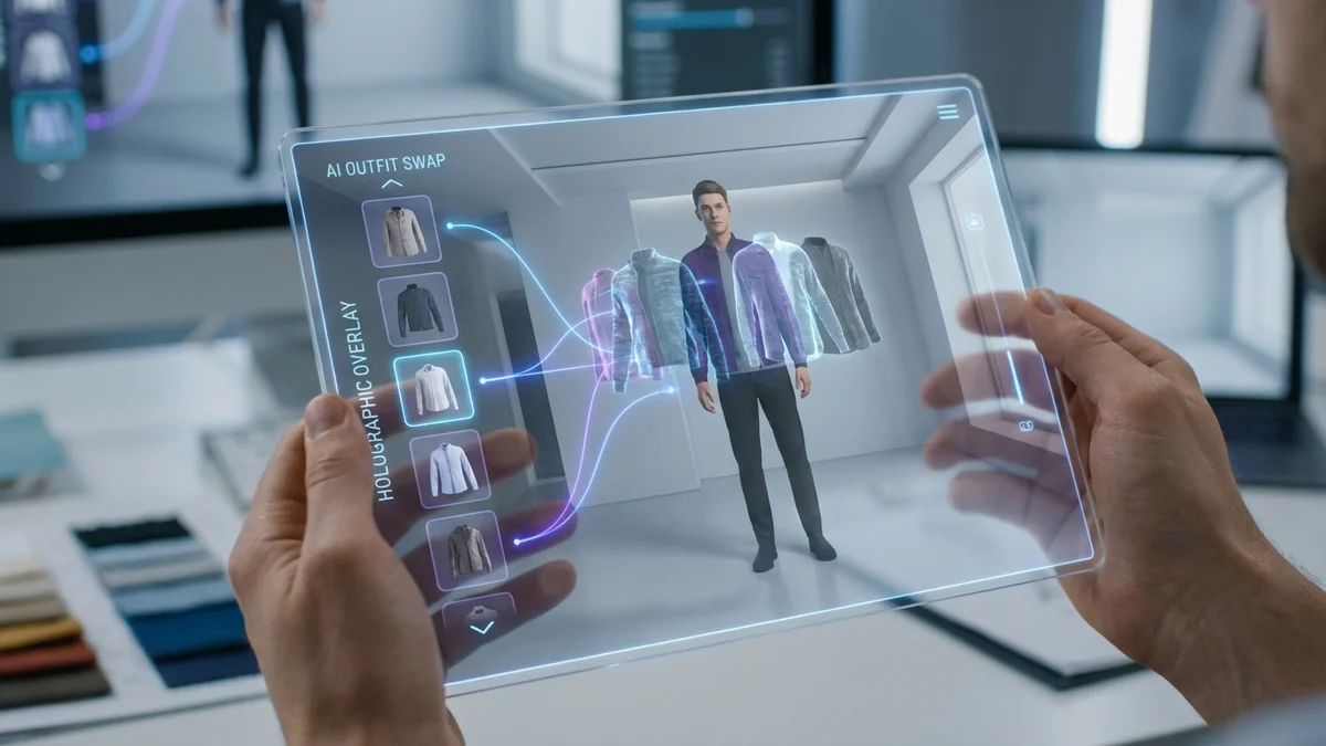 AI virtual try-on technology showing outfit preview on male model