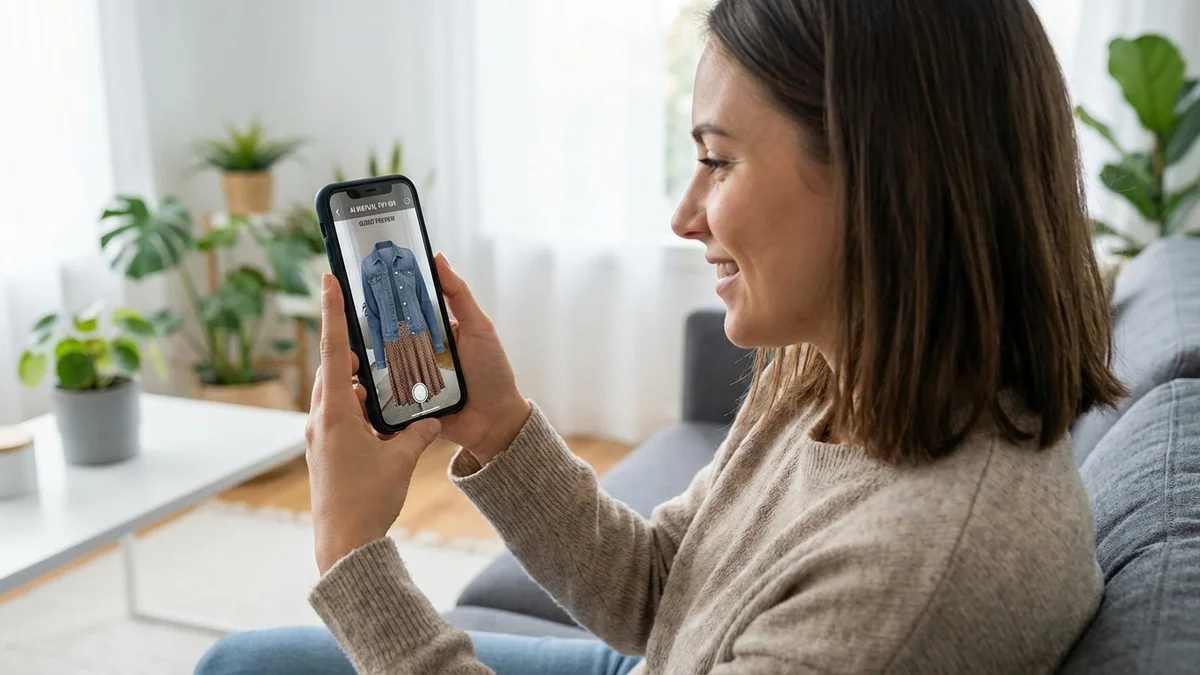 Person using virtual try-on technology on smartphone to preview outfit before buying