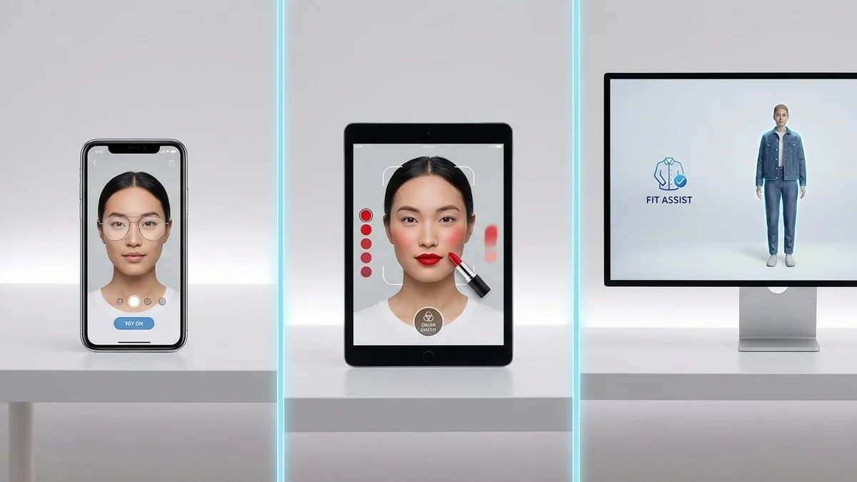 Different types of virtual try-on technology showing eyewear, makeup, and clothing applications