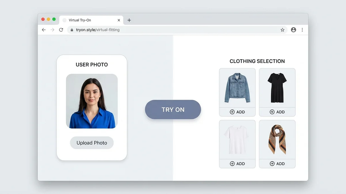 CheckMyFit virtual try-on interface showing user trying on different outfit options